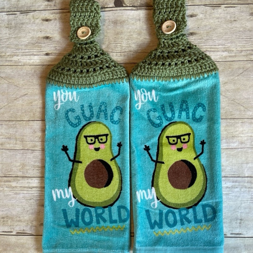 Crochet Top Hanging Towel Set of 2 Single Thickness Avocados Kitchen Decor